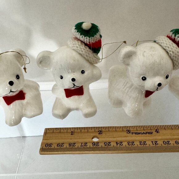 Vtg Snow Bear Ornaments 4 Porcelain Bears Knit Hats Bows Christmas Around the - Picture 16 of 16